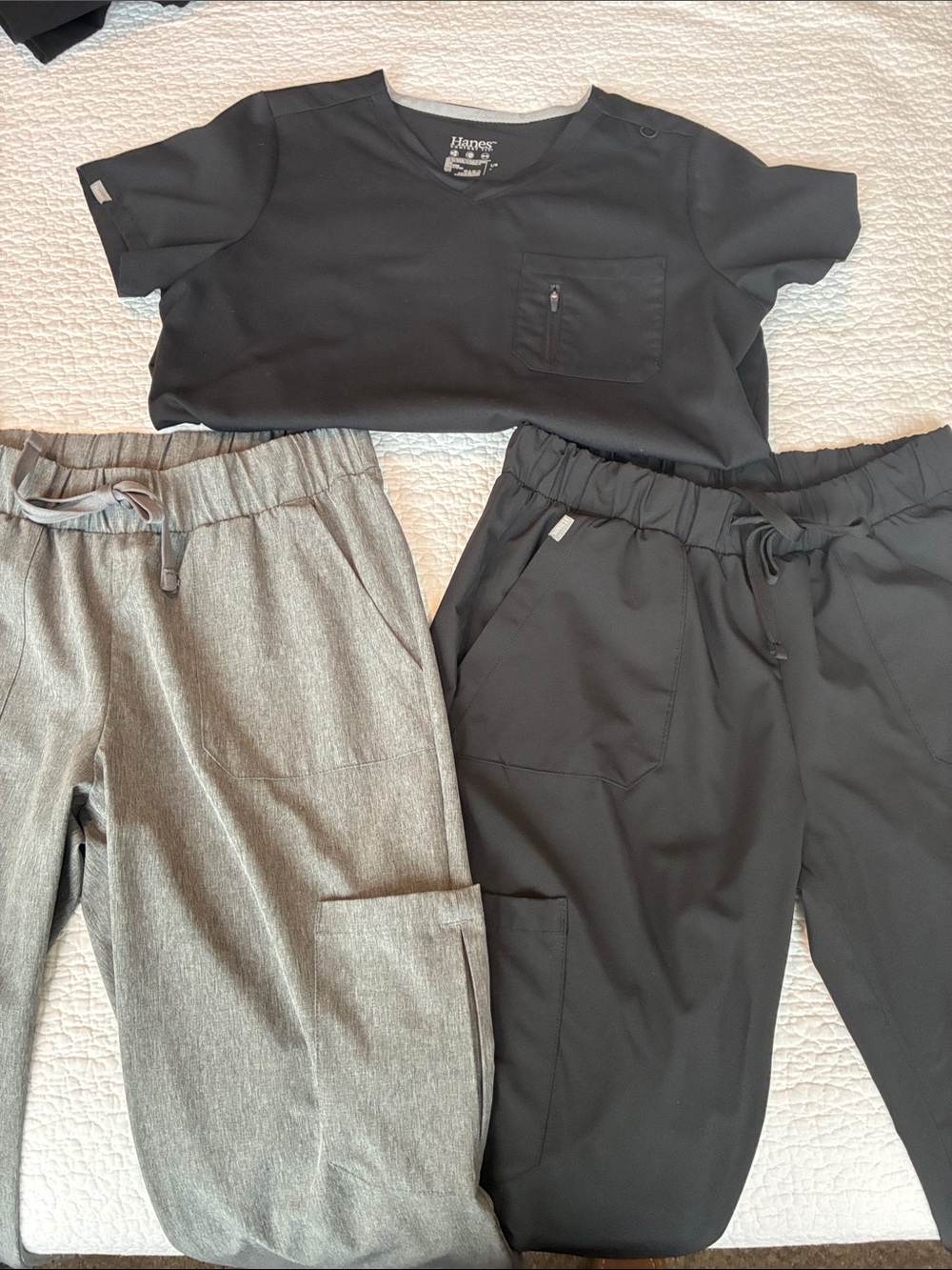 Hanes Black Top with Black and Heather Gray Pants Scrub Set